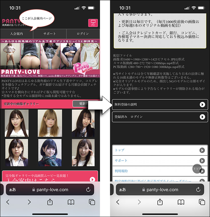 パンティラブの入会案内ページの場所