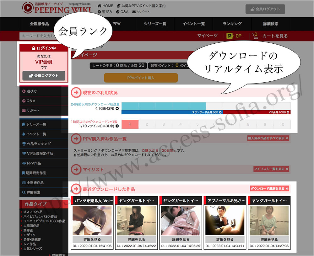 PEEPING WIKIのマイページではDl状況などいろいろ確認できる。